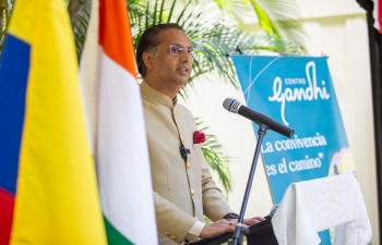 Ambassador Abhishek Singh delivering the keynote address at the inauguration of the 'Centro Gandhi' in Caracas which will be dedicated for the spread of Gandhian philosophy in Venezuela